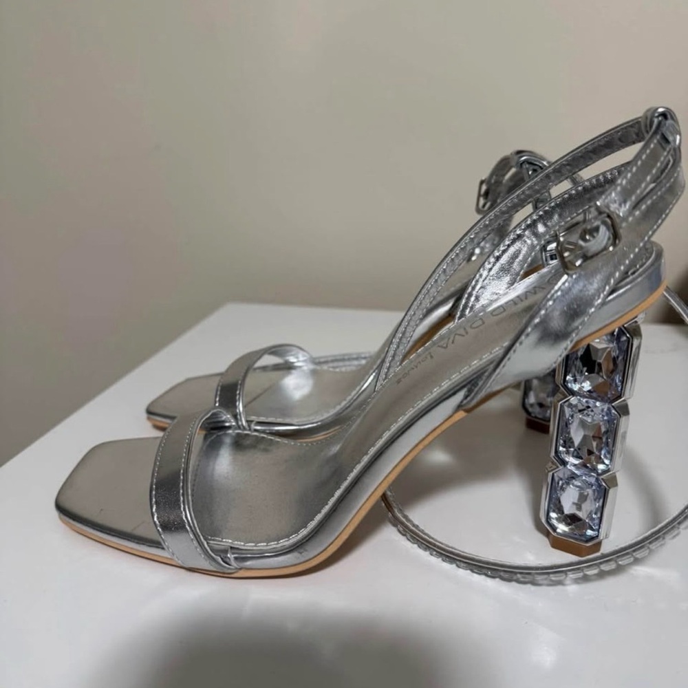 Wild Diva Silver Strappy Heels with Gem Accents